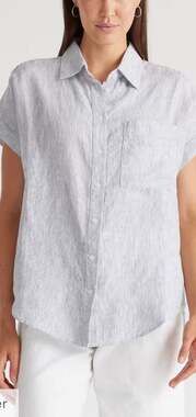 Quince European Linen Camp Shirt Sz M in Blue strip boho NWT